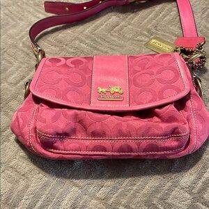Coach Pink Crossbody Bag with Monogram Fabric and Gold Hardware